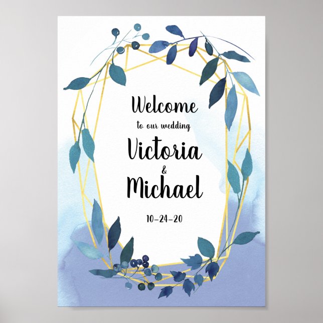 Póster Rótulo Boda de recepción geométrica floral de oro  (Frente)