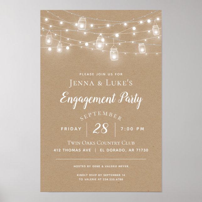 Póster Rótulo Boda de Rustic String Lights (Frente)