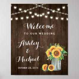 Póster Rótulo Boda de Rustic Sunflowers Mason Jar Lights