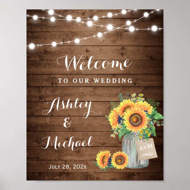 Póster Rótulo Boda de Rustic Sunflowers Mason Jar Lights (Frente)