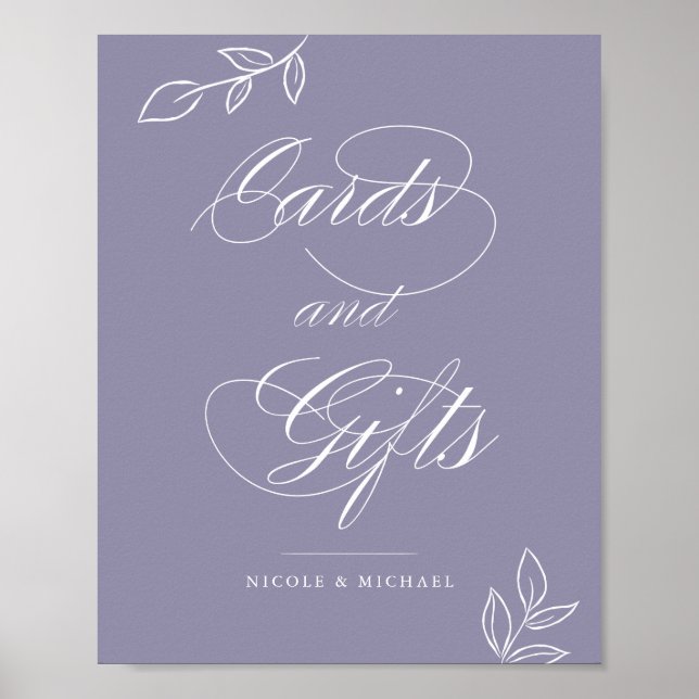 Póster Rótulo Boda de tarjetas botánicas violetas y regal (Frente)