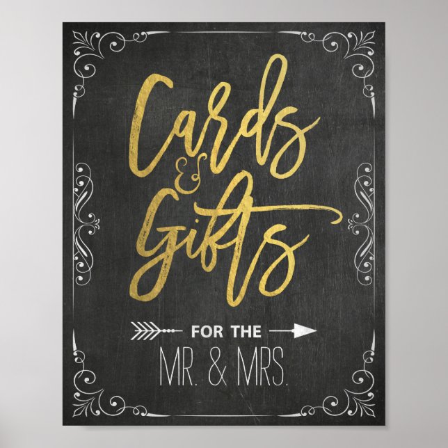 Póster Rótulo Boda de tarjetas y regalos de guiones dorad (Frente)