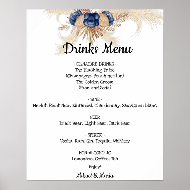 Póster Rótulo Boda del menú Bebidas con flores azules (Frente)