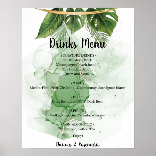 Póster Rótulo Boda del menú de bebidas de palma tropical (Frente)