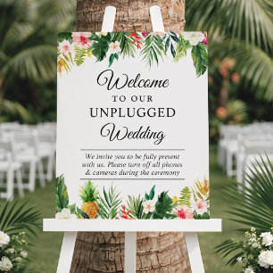 Póster Rótulo Boda desenchufado de hojas tropicales