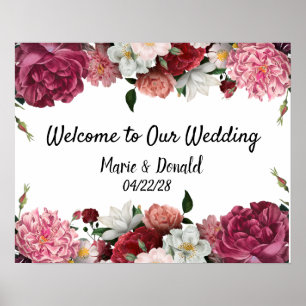 Póster Rótulo Boda elegante de flores borgoñas y rosas