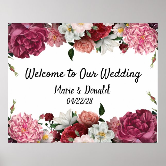 Póster Rótulo Boda elegante de flores borgoñas y rosas (Frente)