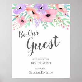 Póster Rótulo boda - Floral acuática con contraseña Wifi