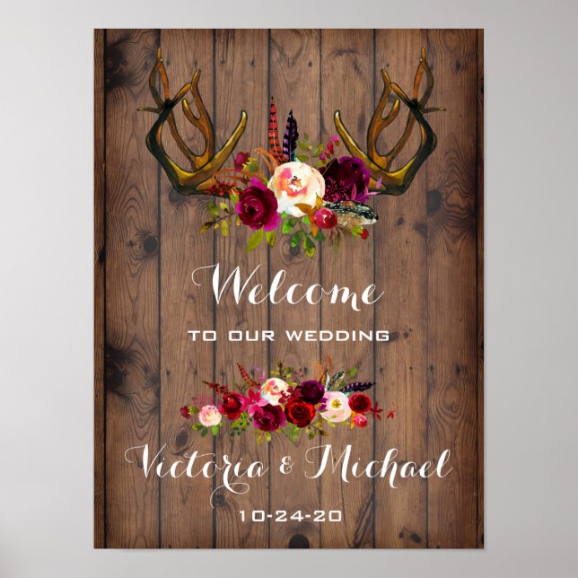 Póster Rótulo Boda floral Boho Rustic Antler (Frente)