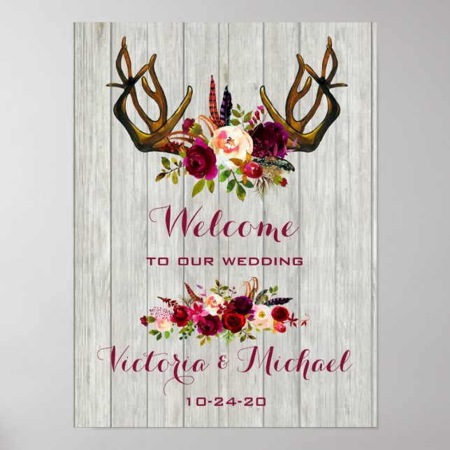 Póster Rótulo Boda floral Boho Rustic Antler (Frente)