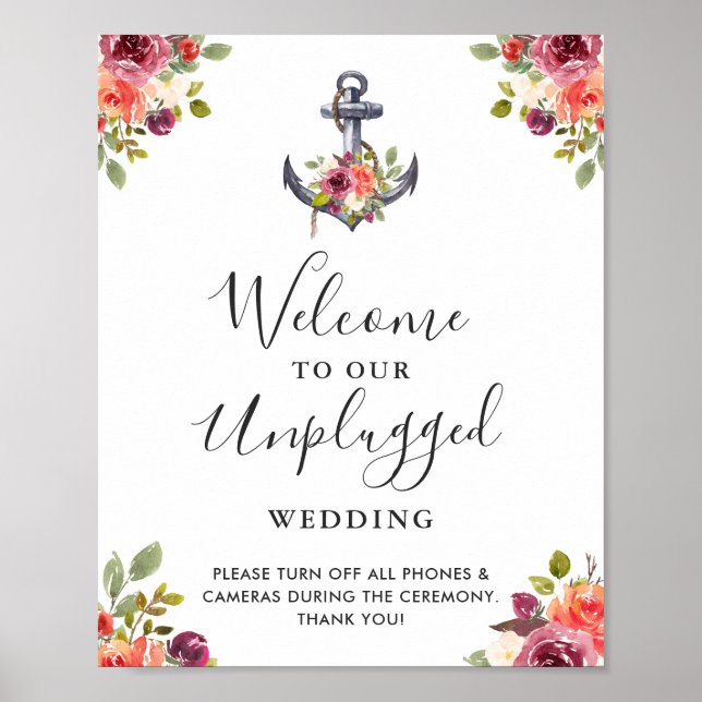 Póster Rótulo Boda floral de ancla náutica desenchufado (Frente)
