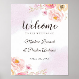 Póster Rótulo Boda floral de color rosa y dorado