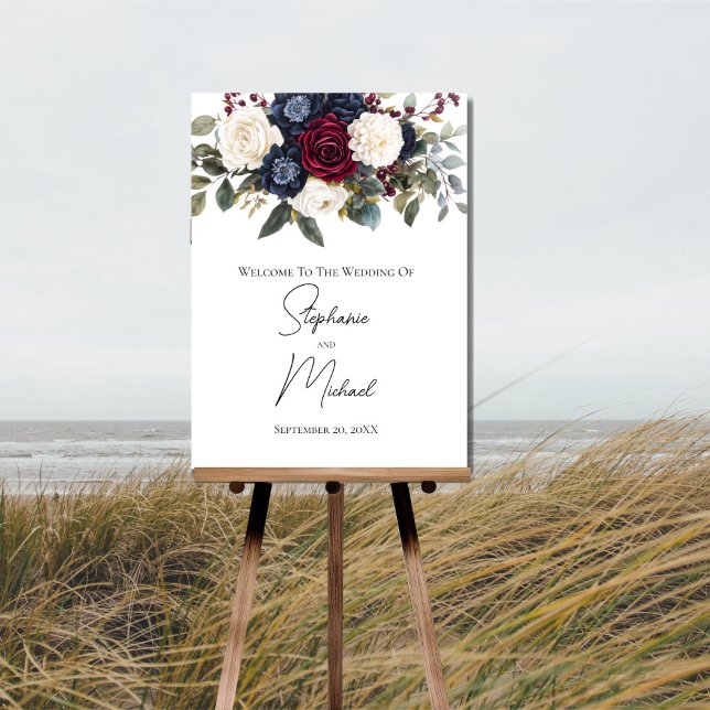 Póster Rótulo Boda floral de la Marina Borgoña (Burgundy Navy blue Cream White Floral Wedding Welcome sign poster.)