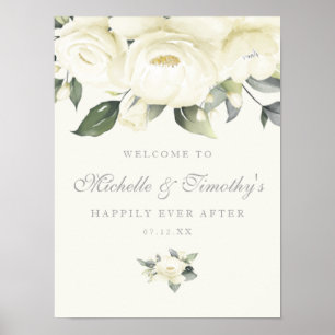 Póster Rótulo Boda floral de rosa blanca