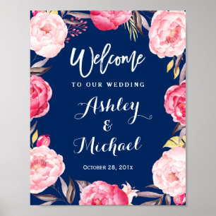 Póster Rótulo Boda floral floral azul de la Marina modern