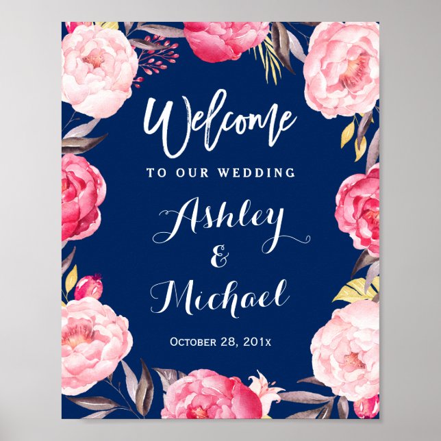 Póster Rótulo Boda floral floral azul de la Marina modern (Frente)