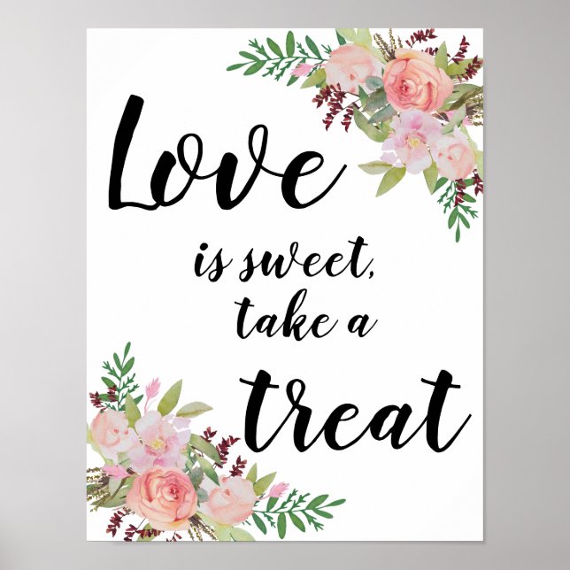 Póster Rótulo Boda floral Flores acuarelas (Frente)