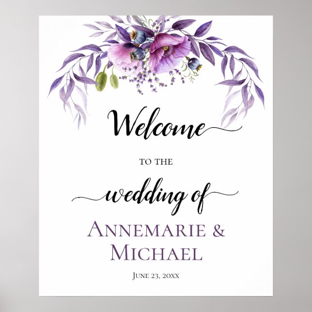 Póster Rótulo Boda Floral Violet Purple Lavender (Frente)