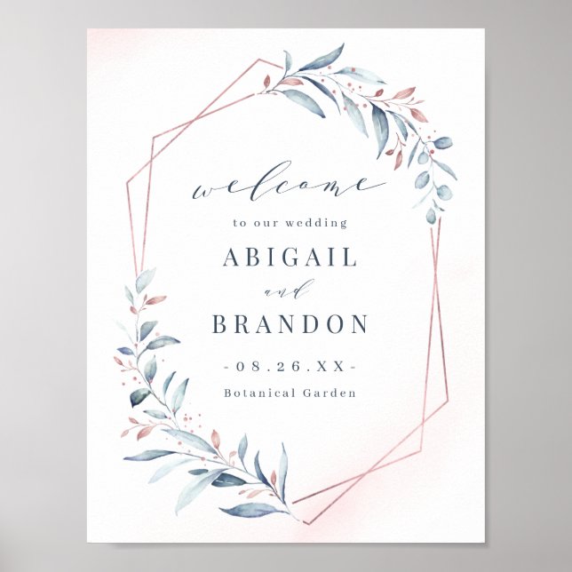 Póster Rótulo Boda geométrico de la vegetación azul de or (Frente)