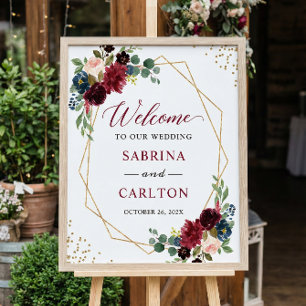Póster Rótulo Boda geométrico floral azul de borgoña de l