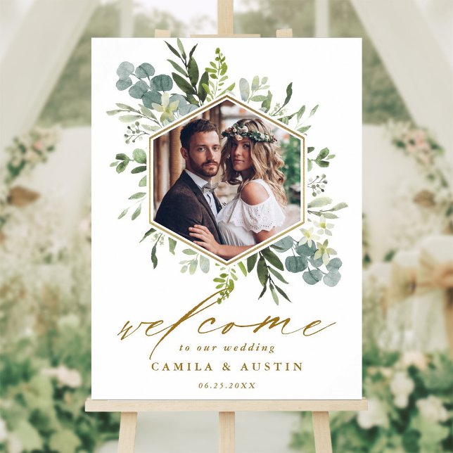 Póster Rótulo Boda Hexagon de Agua Verde Oro (Subido por el creador)