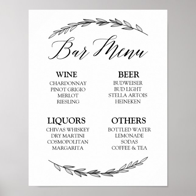 Póster Rótulo boda - Menú Bar Boda Laurel Rótulo (Frente)