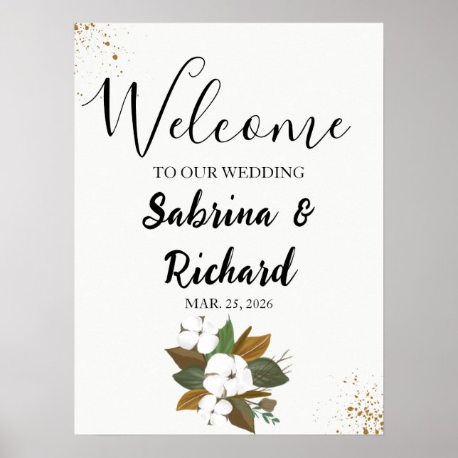 Póster Rótulo Boda Moderno, Marrón Y Crema Floral (Frente)