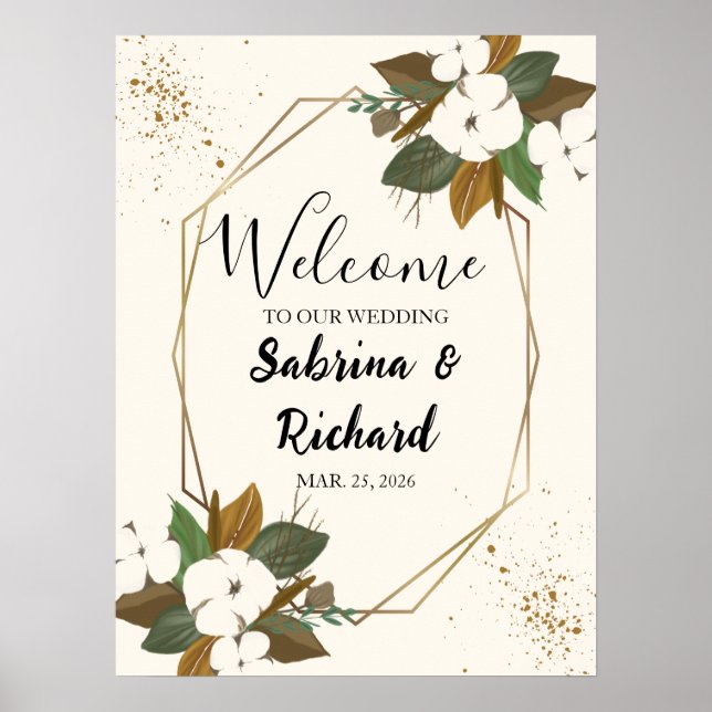 Póster Rótulo Boda Moderno, Marrón Y Crema Floral (Frente)