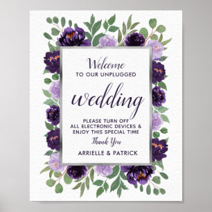 Póster Rótulo Boda morado-verde floral verde sin enchufe