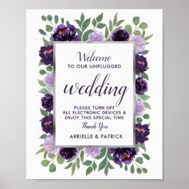 Póster Rótulo Boda morado-verde floral verde sin enchufe