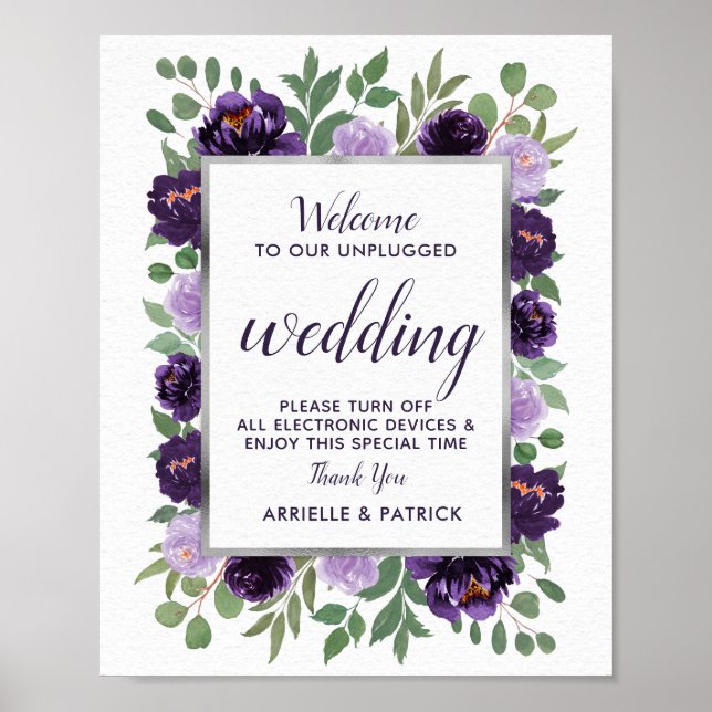 Póster Rótulo Boda morado-verde floral verde sin enchufe (Frente)