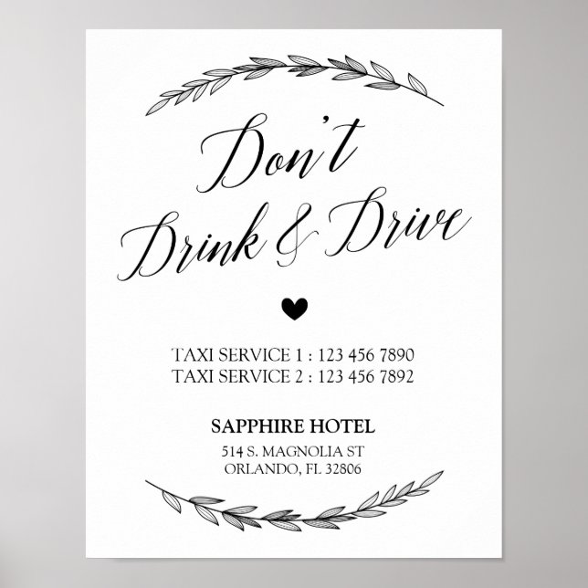 Póster Rótulo boda - No bebas y conduzcas Rótulo Laurel (Frente)