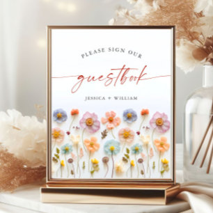Póster Rótulo Boda Pastel Pink Wildflowers Guestbook