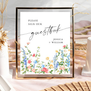 Póster Rótulo Boda Pastel Pink Wildflowers Guestbook