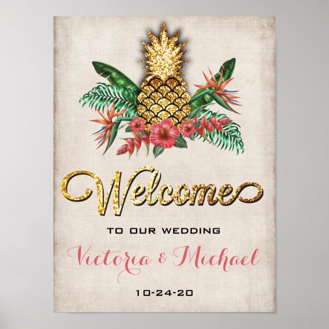 Póster Rótulo Boda Purpurina de oro de piña tropical (Frente)