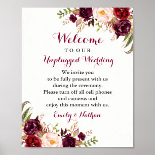 Póster Rótulo Boda sin enchufe de la floral borgoñesa