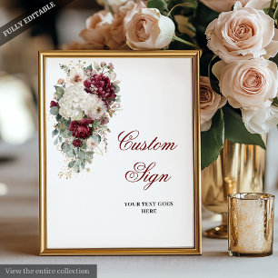 Póster Rótulo Boho Borgoña Boda floral blanco elegante