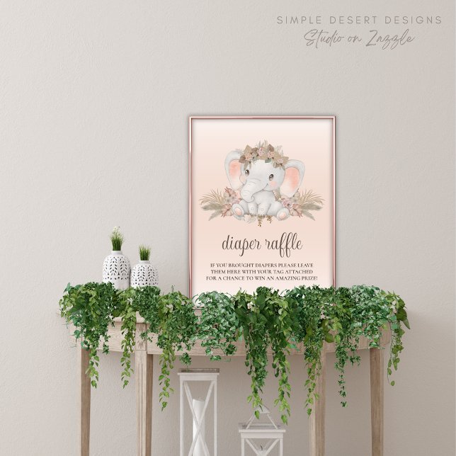 Póster Rótulo Boho Elephant Baby Shower Diaper Raffle (Baby Shower Diaper Raffle Sign with Cute Elephant Boho Floral and Pampas Grass)