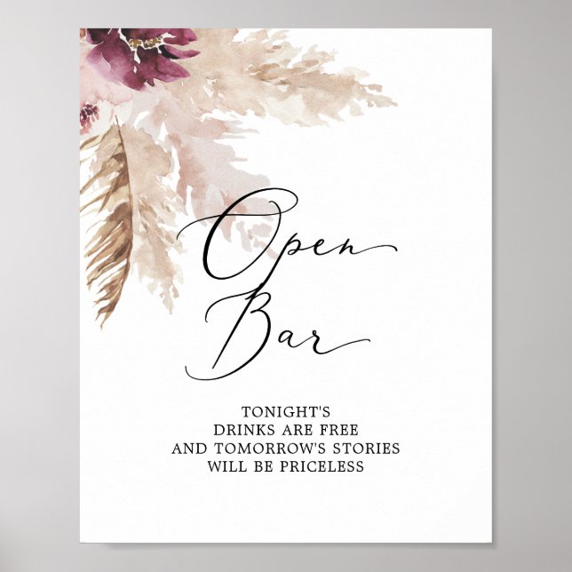 Póster Rótulo Boho Pampas Grass Open Bar (Frente)