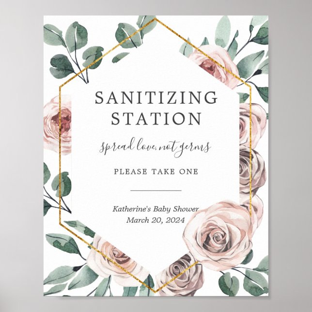 Póster Rótulo Boho Rosa Baby Shower Sanitization Station (Frente)