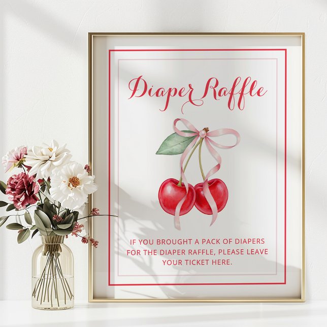 Póster Rótulo Cherry Baby Shower Diaper Raffle (Diaper Raffle Baby Shower Sign)