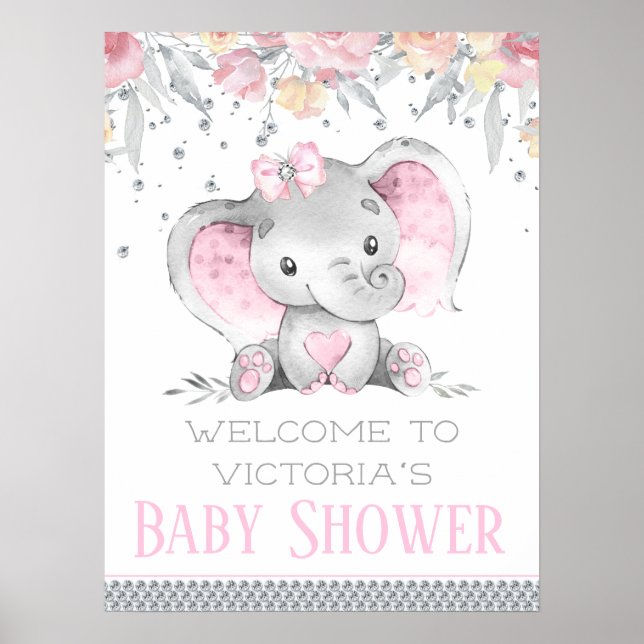 Póster Rótulo chica Elephant Baby Shower (Frente)