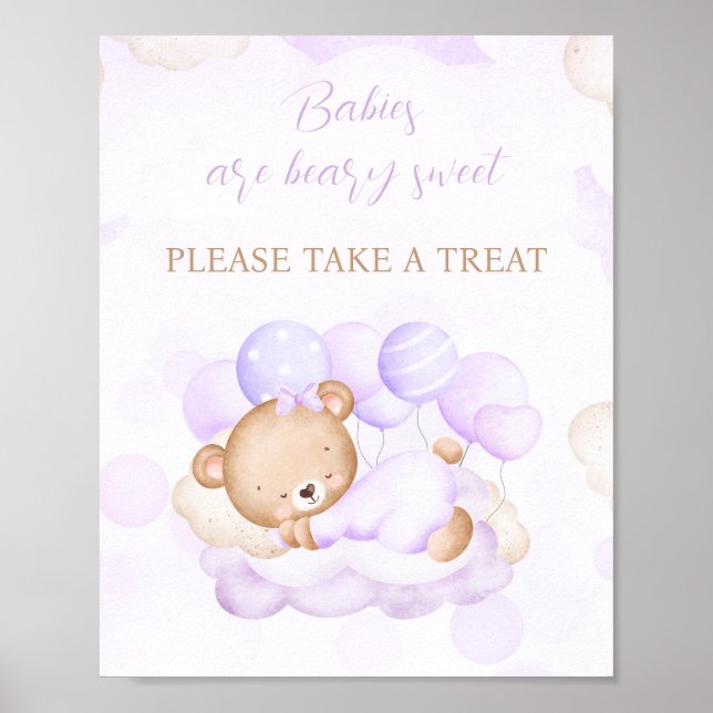Póster Rótulo chica Purple Bear Baby Shower Favor (Frente)