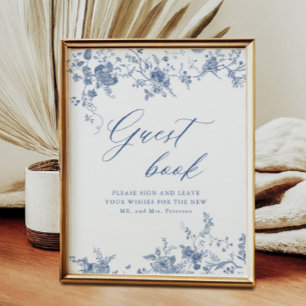 Póster Rótulo Chinoiserie Blue Floral Boda Guestbook