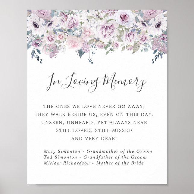 Póster Rótulo conmemorativo del Boda morado floral blanco (Frente)