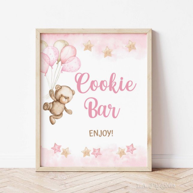 Póster Rótulo Cookie Bar Fiesta de osito de peluche rosa, (Cookie Bar Sign, Pink Teddy Bear Theme, Baby Girl Shower, Girls Birthday)