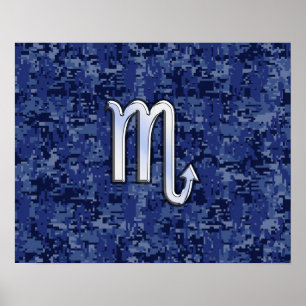 Póster Rótulo cromado Scorpio Zodiac en camo azul marino