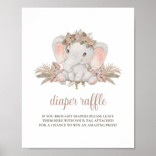 Póster Rótulo Cute Boho Elephant Baby Shower Diaper Raffl