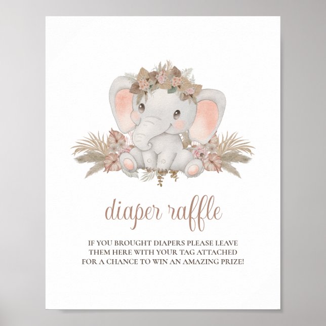 Póster Rótulo Cute Boho Elephant Baby Shower Diaper Raffl (Frente)