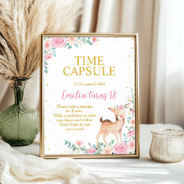 Póster Rótulo Cute Deer Floral Birday Party Time Capsule